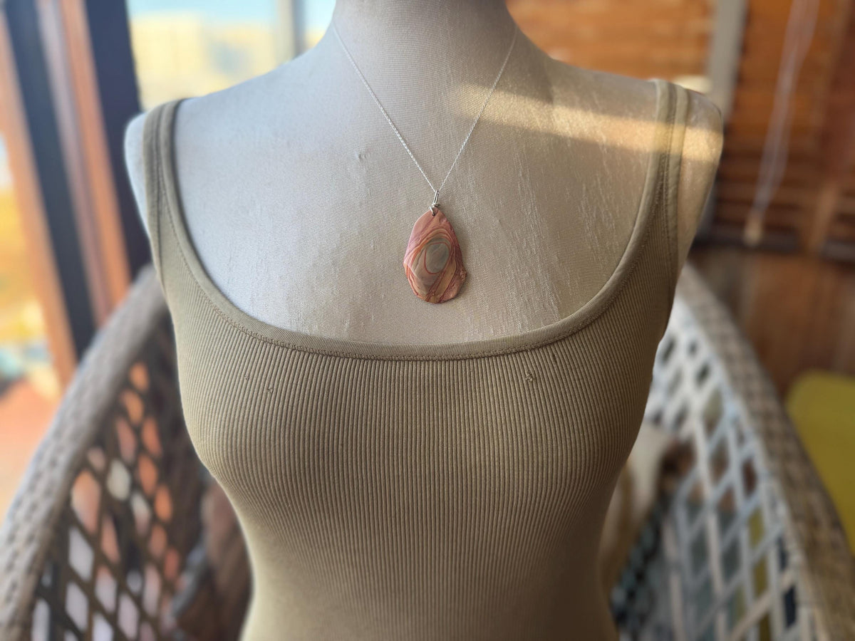 Stunning rhyolite necklace, ethical jewellery, bohemian necklace, unusual jewellery, unique gemstone pendant, orange gemstone necklace