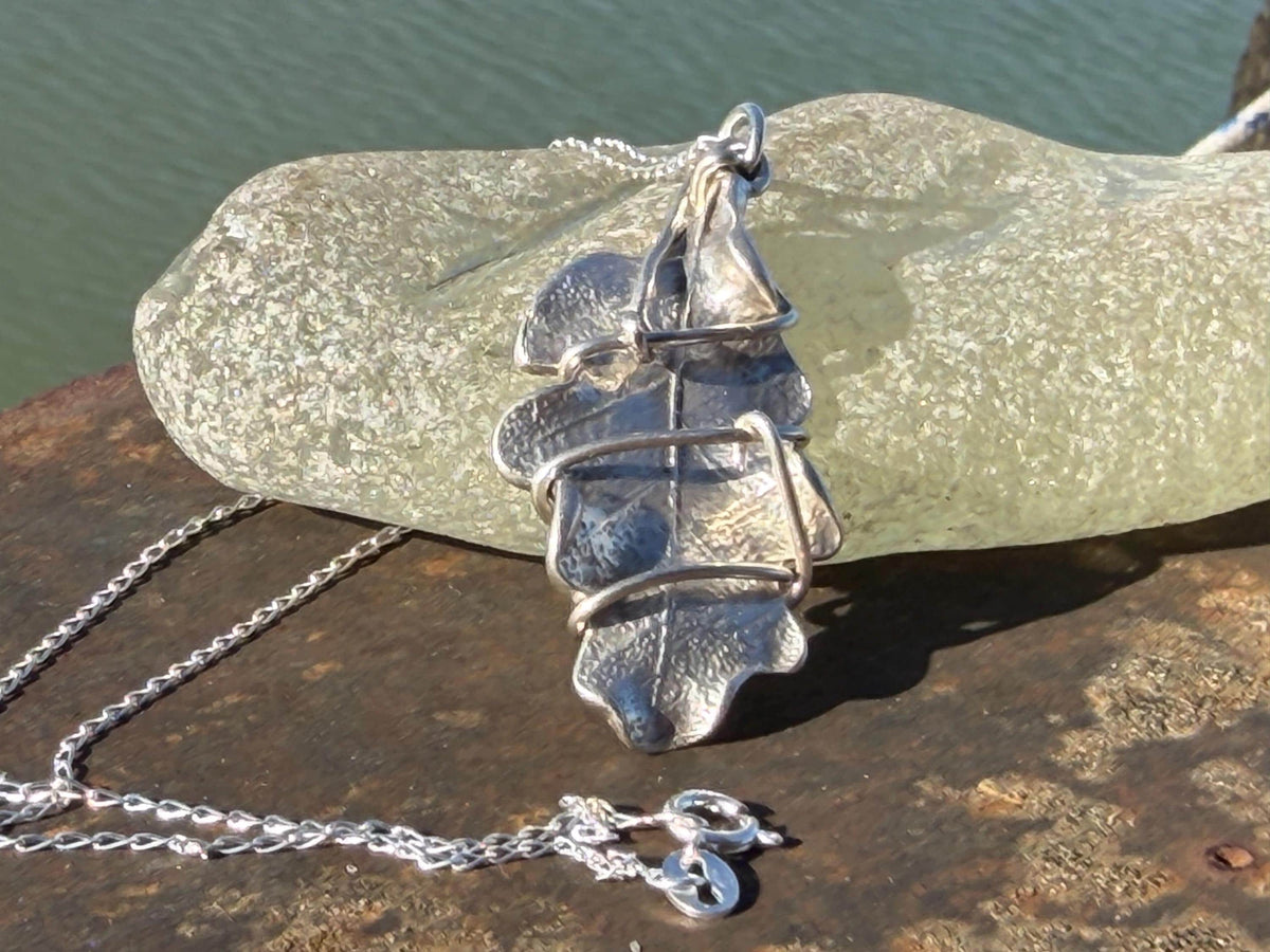 Oak leaf necklace wrapped in recycled sterling silver. Boho gift for her, boho necklace, silver leaf pendant. Silver jewellery.