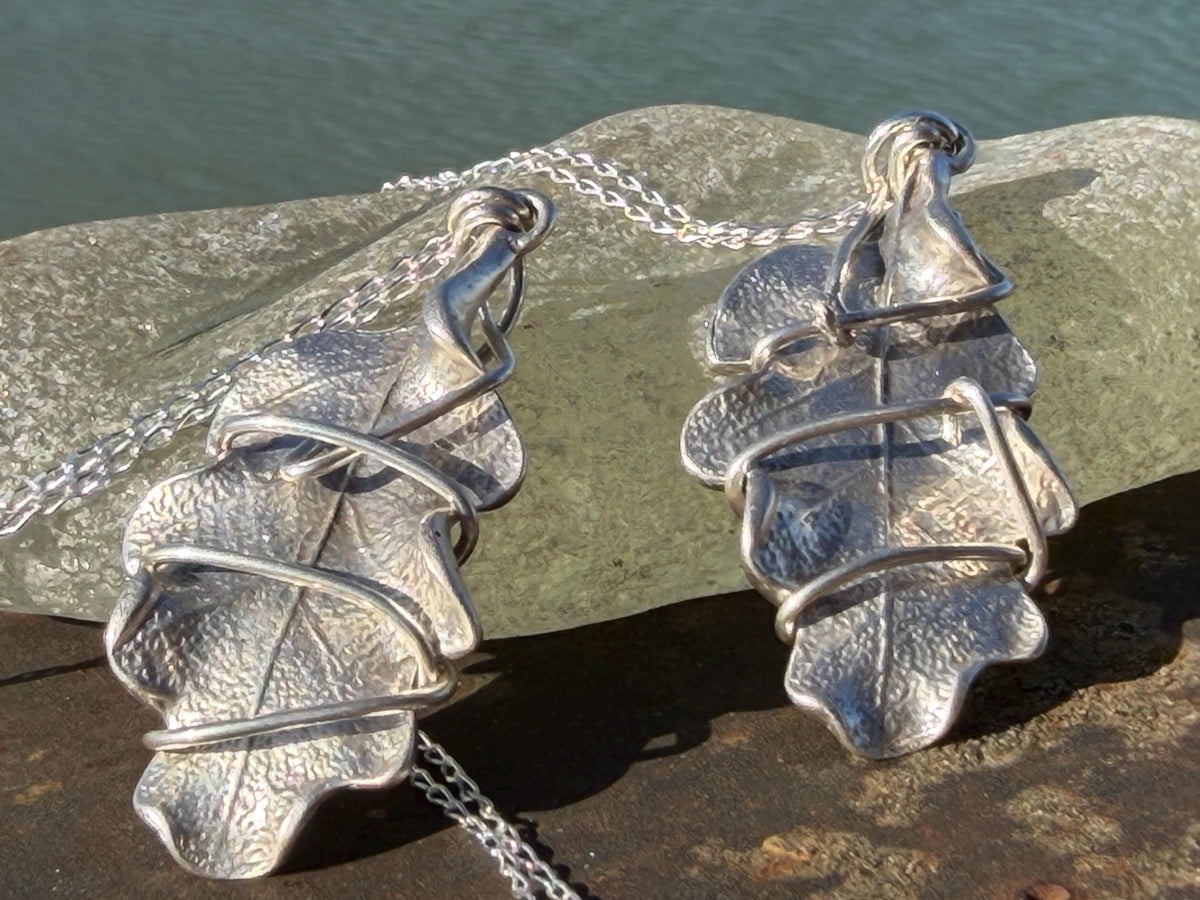 Oak leaf necklace wrapped in recycled sterling silver. Boho gift for her, boho necklace, silver leaf pendant. Silver jewellery.