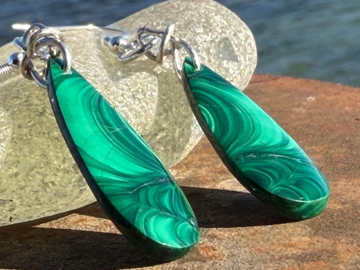 Silver earrings, boho earrings, unusual gift for her, malachite earrings, malachite jewellery, green gemstone earrings. Unusual jewellery