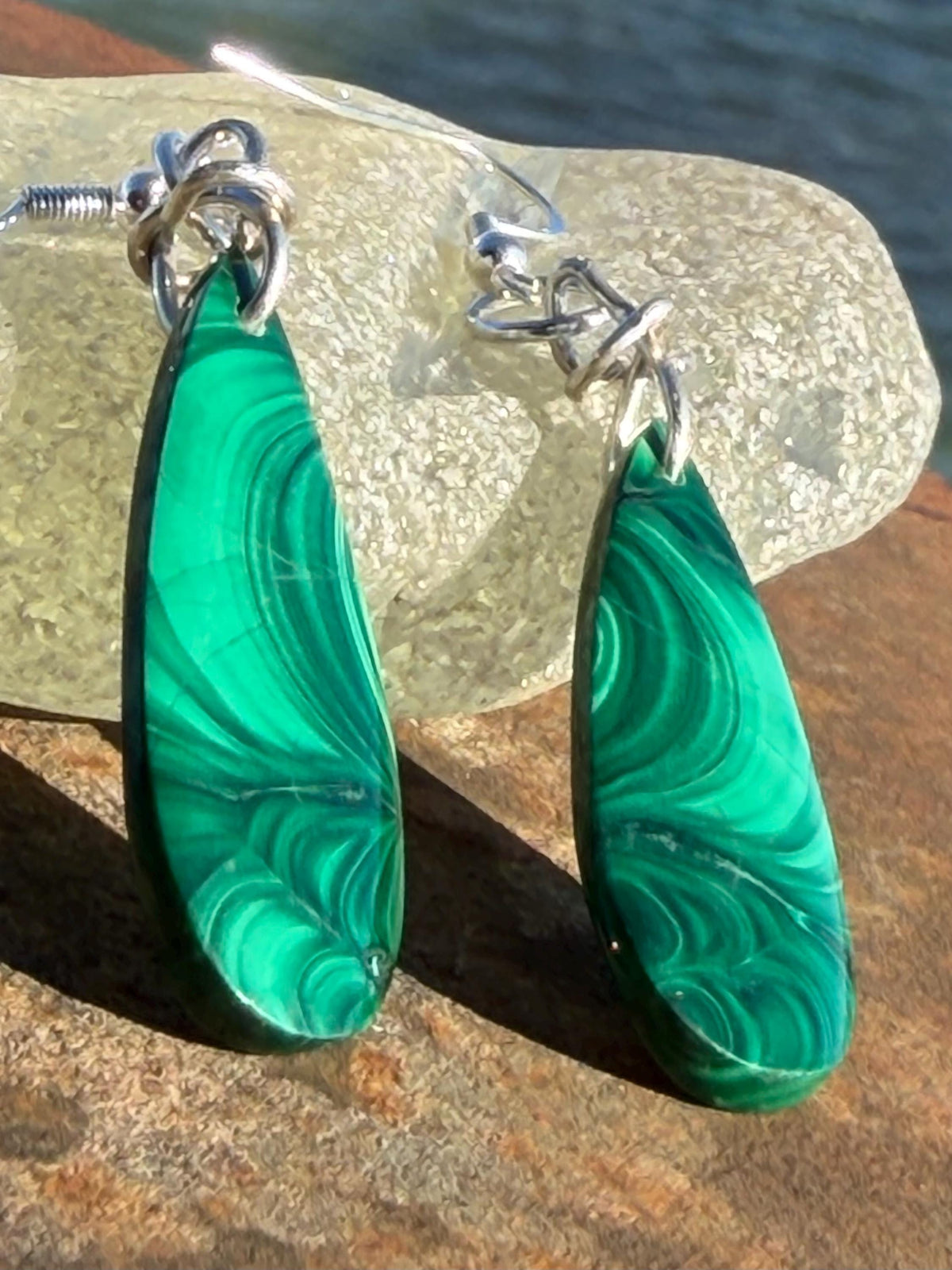 Silver earrings, boho earrings, unusual gift for her, malachite earrings, malachite jewellery, green gemstone earrings. Unusual jewellery