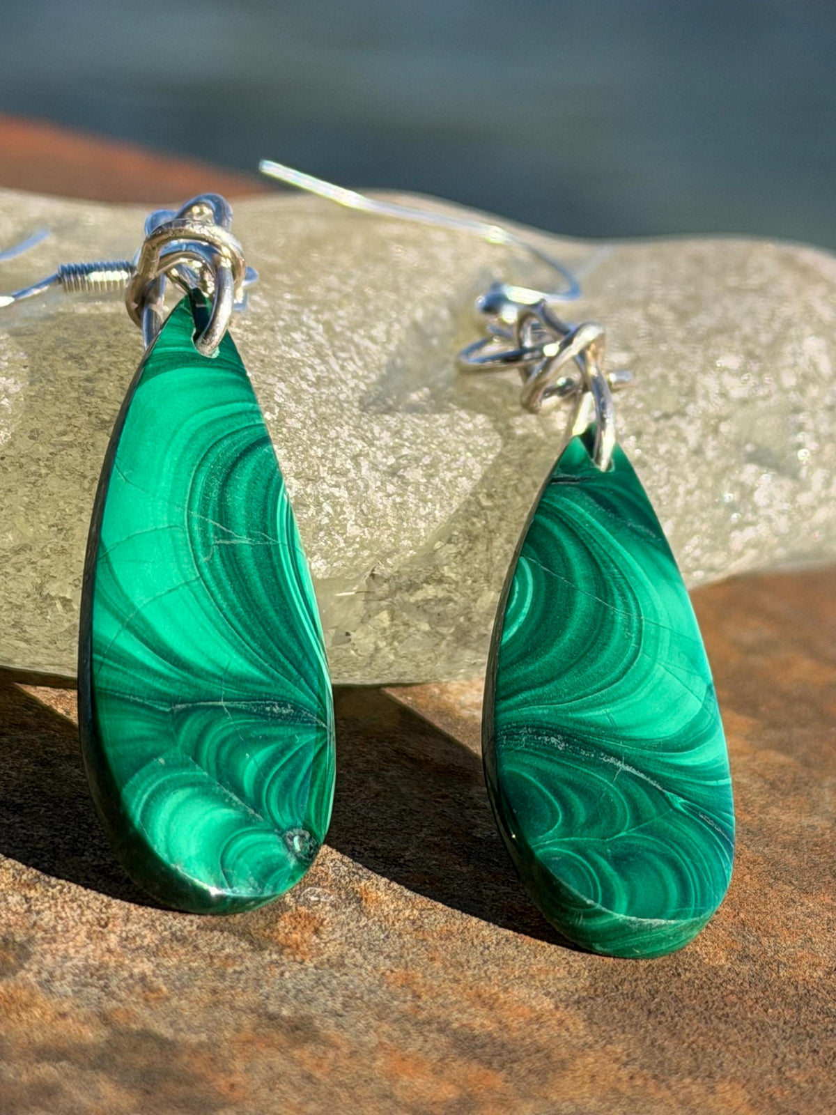 Silver earrings, boho earrings, unusual gift for her, malachite earrings, malachite jewellery, green gemstone earrings. Unusual jewellery
