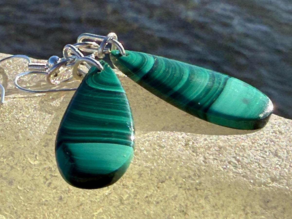 Silver earrings, boho earrings, unusual gift for her, malachite earrings, malachite jewellery, green gemstone earrings. Unusual jewellery