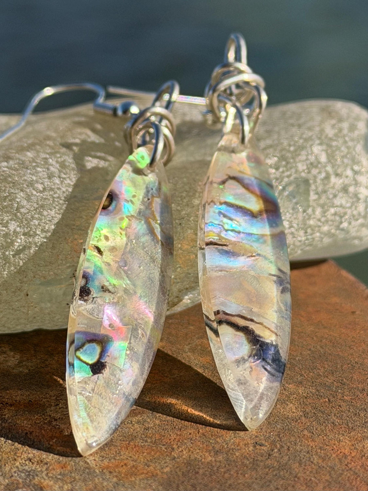 Abalone earrings. Handmade eco friendly earrings, abalone jewellery, rainbow earrings, funky jewellery, unusual jewellery, ethical jewellery