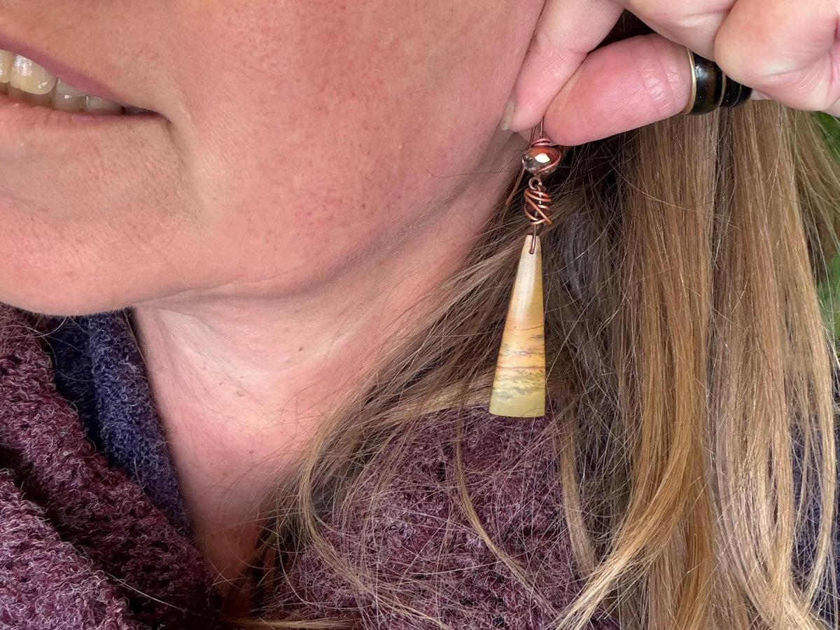 Picasso jasper gemstone earrings. Ethical jewellery, orange gemstone earrings. Stunning unique jewellery. Eco friendly unique earrings.