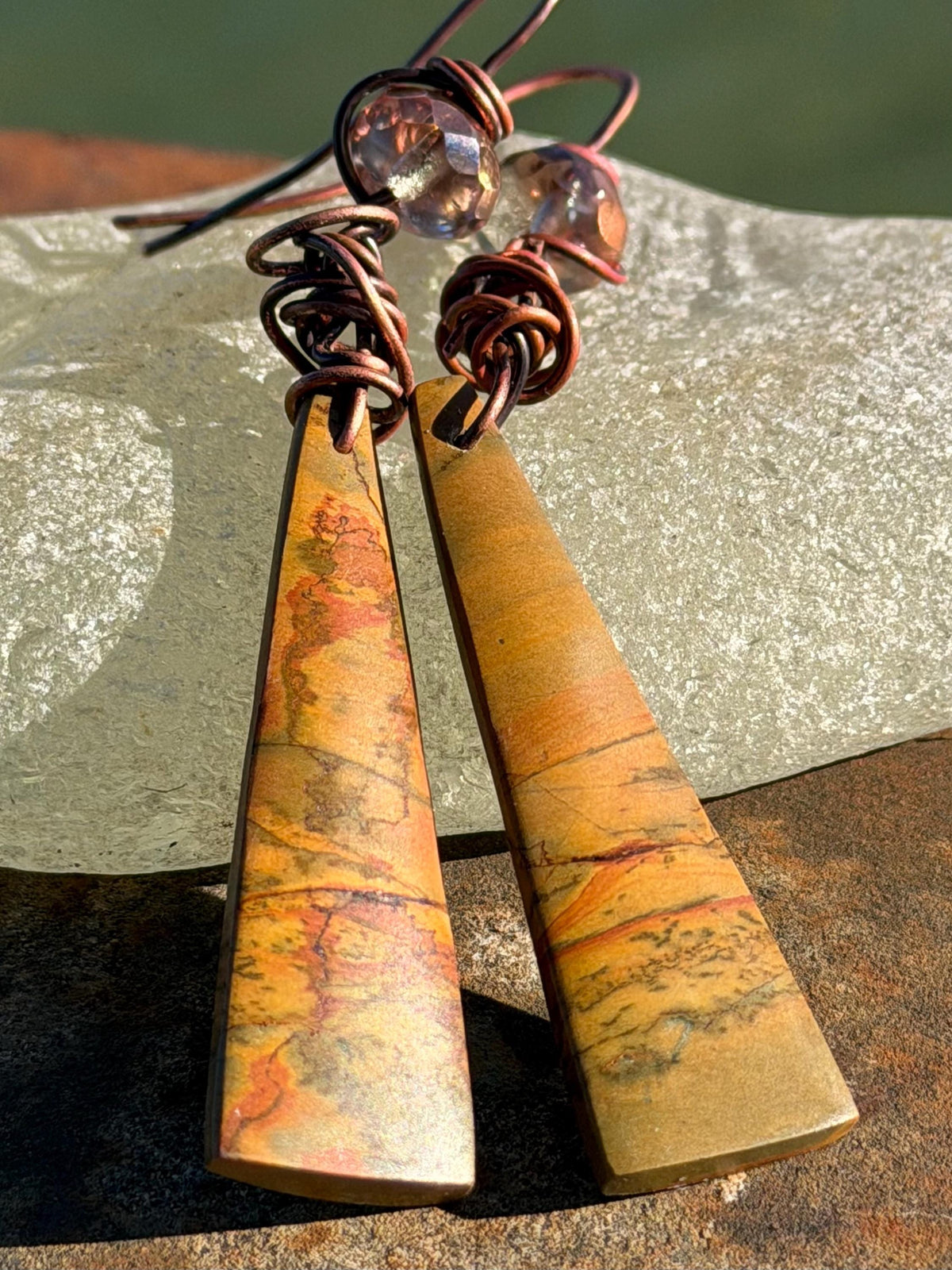Picasso jasper gemstone earrings. Ethical jewellery, orange gemstone earrings. Stunning unique jewellery. Eco friendly unique earrings.