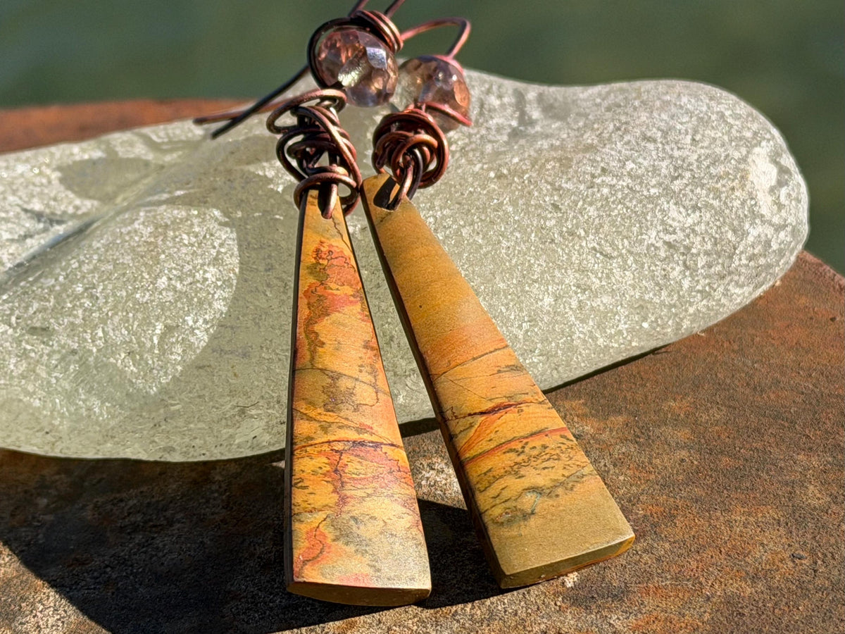 Picasso jasper gemstone earrings. Ethical jewellery, orange gemstone earrings. Stunning unique jewellery. Eco friendly unique earrings.
