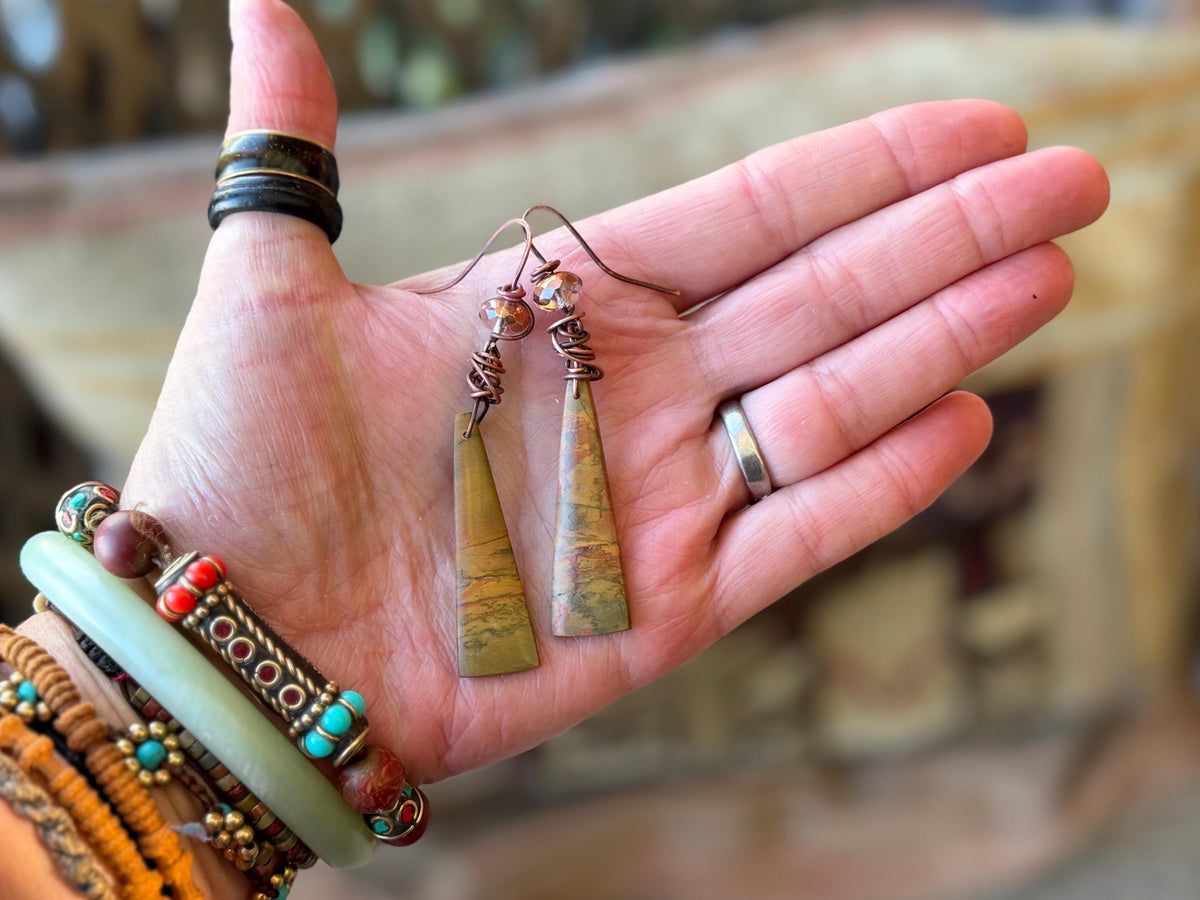 Picasso jasper gemstone earrings. Ethical jewellery, orange gemstone earrings. Stunning unique jewellery. Eco friendly unique earrings.