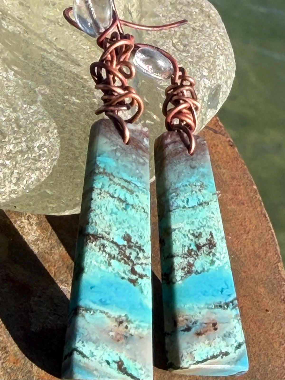 Chrysocolla gemstone earrings on recycled burnt copper. Ethical jewellery, blue gemstone earrings. Stunning unique jewellery. Unique gifts