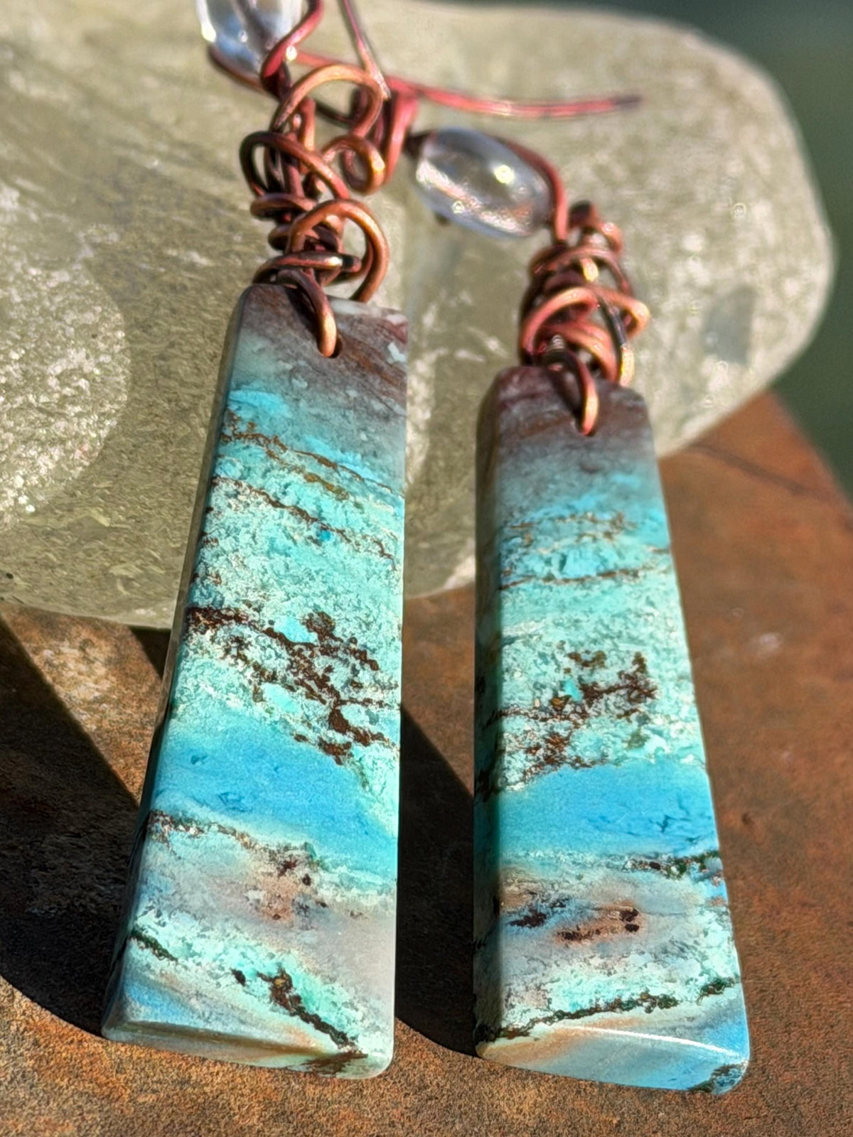 Chrysocolla gemstone earrings on recycled burnt copper. Ethical jewellery, blue gemstone earrings. Stunning unique jewellery. Unique gifts