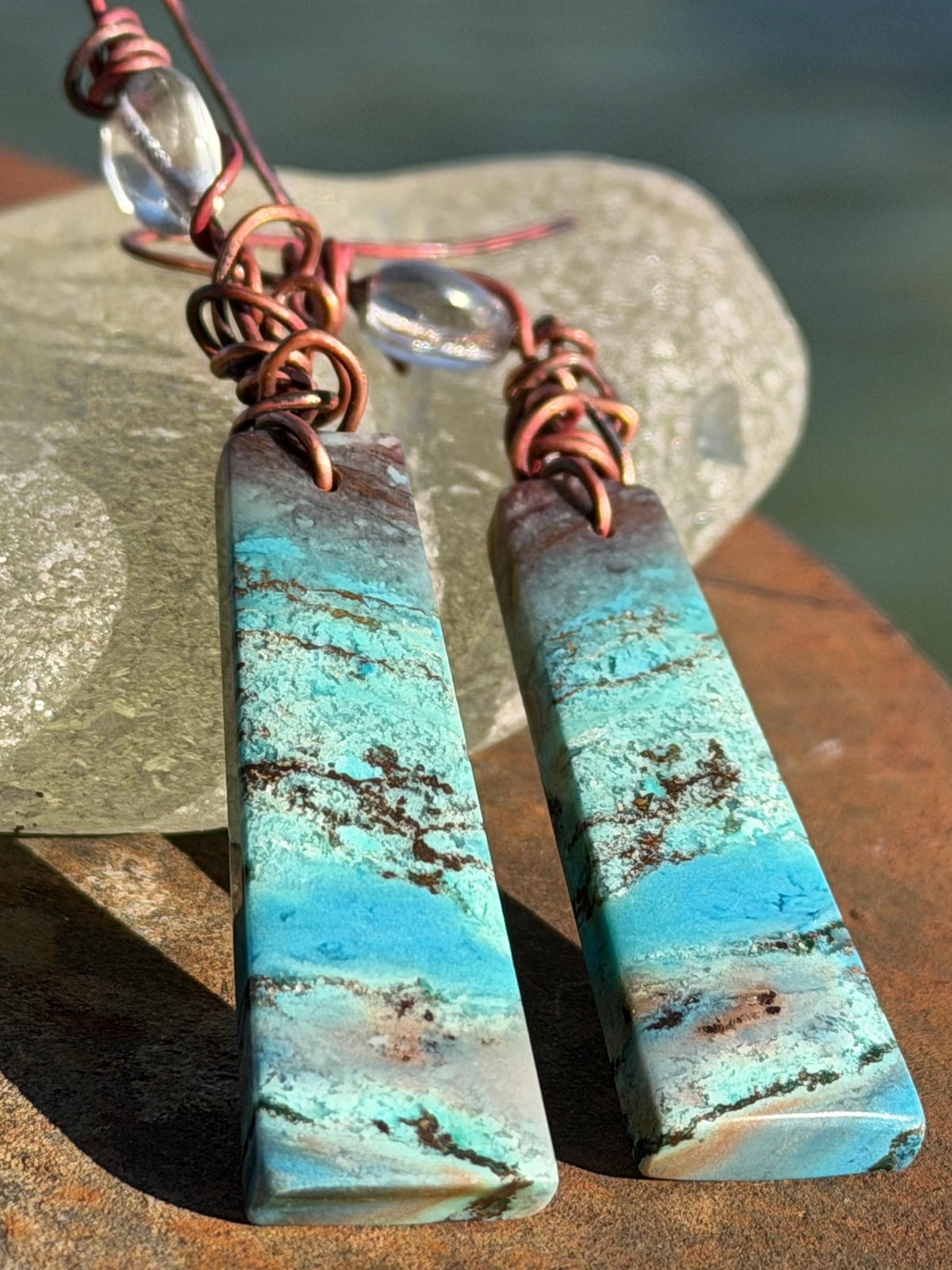 Chrysocolla gemstone earrings on recycled burnt copper. Ethical jewellery, blue gemstone earrings. Stunning unique jewellery. Unique gifts