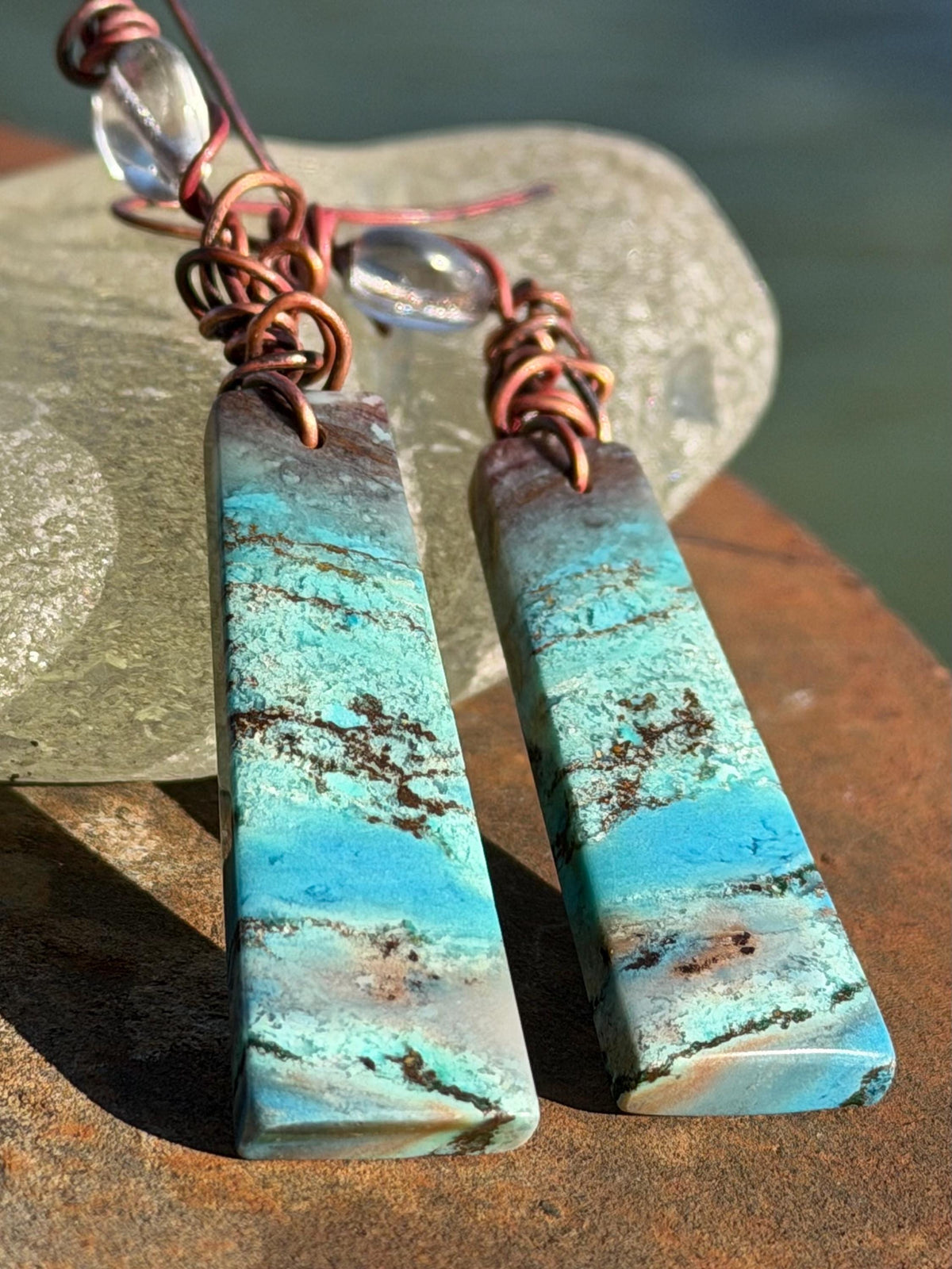 Chrysocolla gemstone earrings on recycled burnt copper. Ethical jewellery, blue gemstone earrings. Stunning unique jewellery. Unique gifts