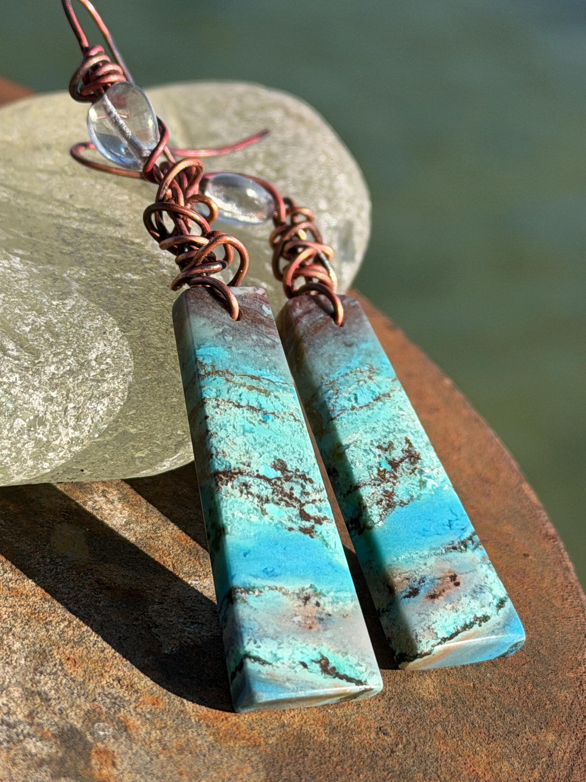 Chrysocolla gemstone earrings on recycled burnt copper. Ethical jewellery, blue gemstone earrings. Stunning unique jewellery. Unique gifts