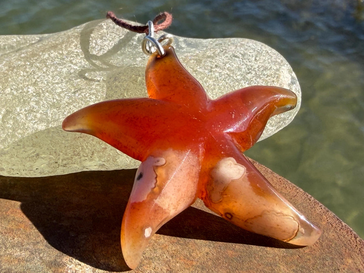Cherry blossom agate necklace, ethical jewellery, starfish necklace, unique jewellery, orange agate pendant, orange gemstone necklace.