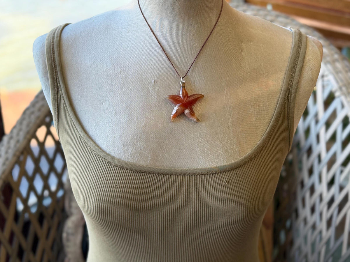 Cherry blossom agate necklace, ethical jewellery, starfish necklace, unique jewellery, orange agate pendant, orange gemstone necklace.