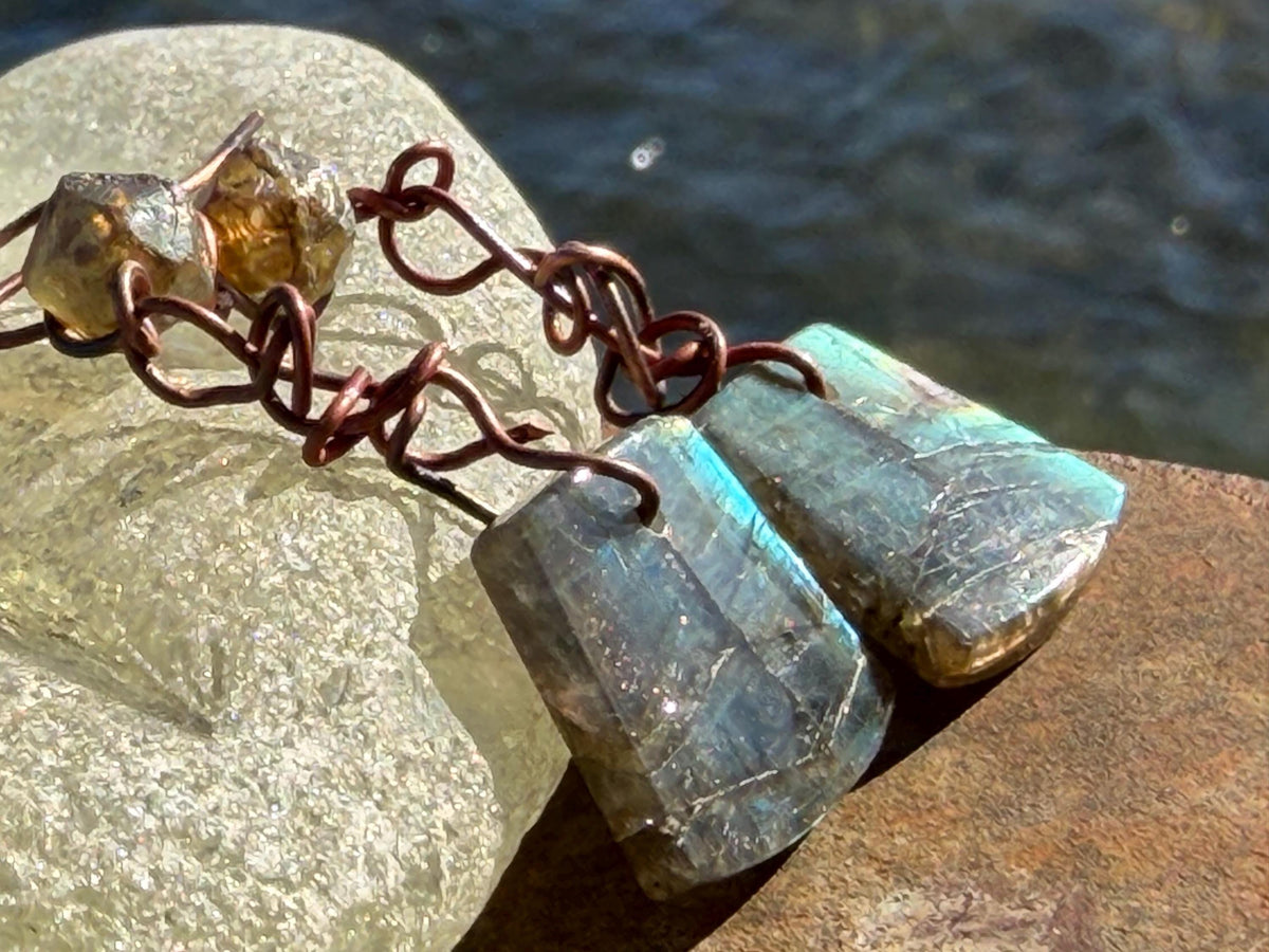 Ethically sourced labradorite earrings held on recycled copper. Ethical eco friendly  jewellery, labradorite jewellery. Boho unique earrings