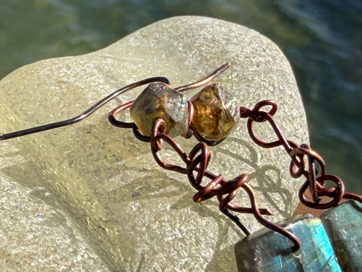 Ethically sourced labradorite earrings held on recycled copper. Ethical eco friendly  jewellery, labradorite jewellery. Boho unique earrings