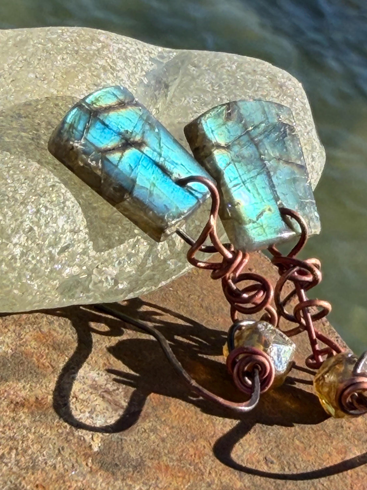 Ethically sourced labradorite earrings held on recycled copper. Ethical eco friendly  jewellery, labradorite jewellery. Boho unique earrings
