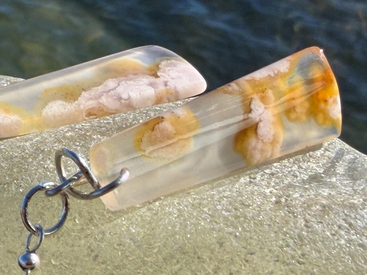 Cherry blossom agate earrings, ethical jewellery, white and silver earrings. Stunning unique earrings made with ethically sourced gemstones.