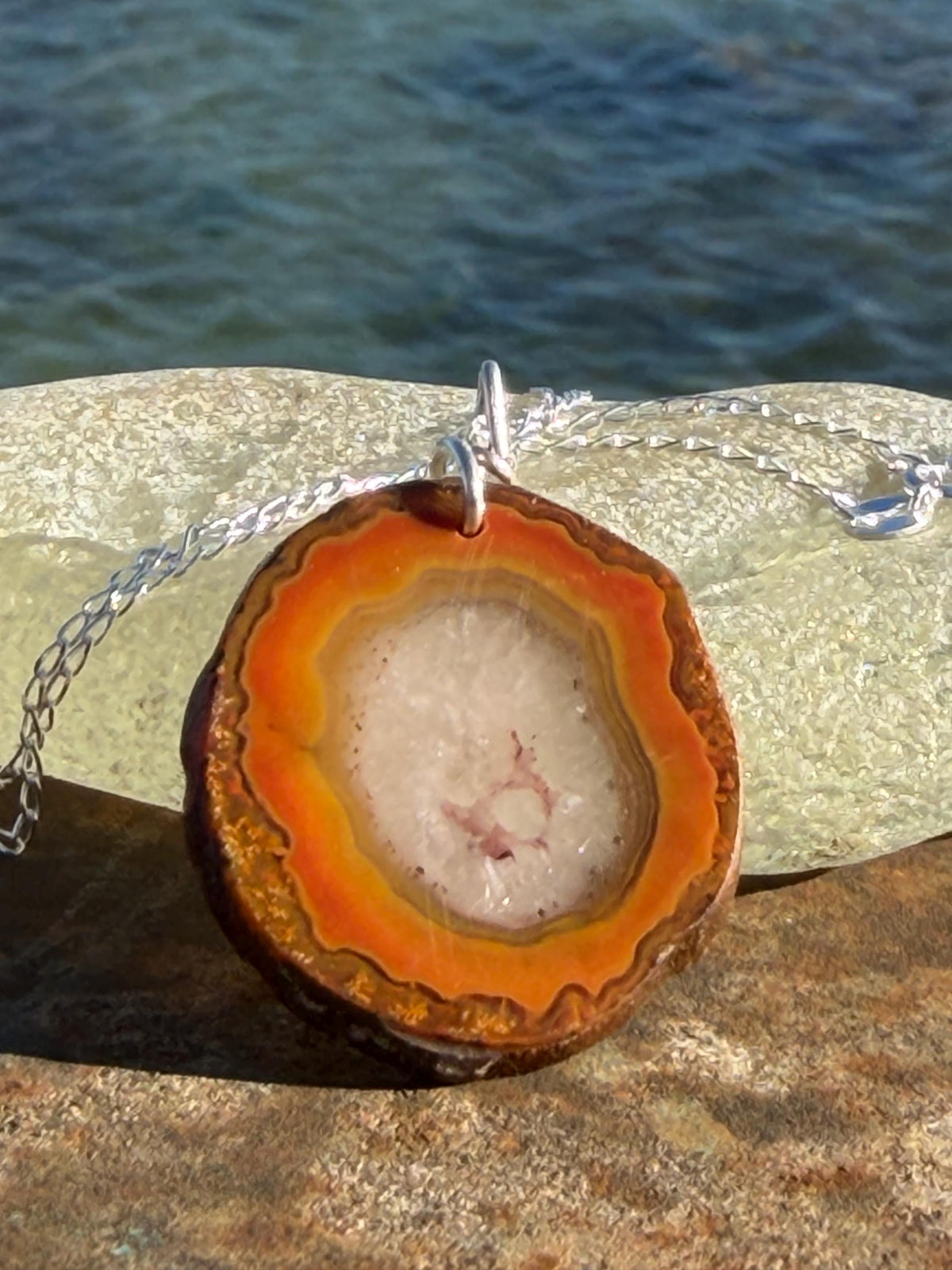 Agate necklace, ethical jewellery, bohemian necklace, unusual jewellery, agate pendant, white gemstone necklace. Boho jewellery