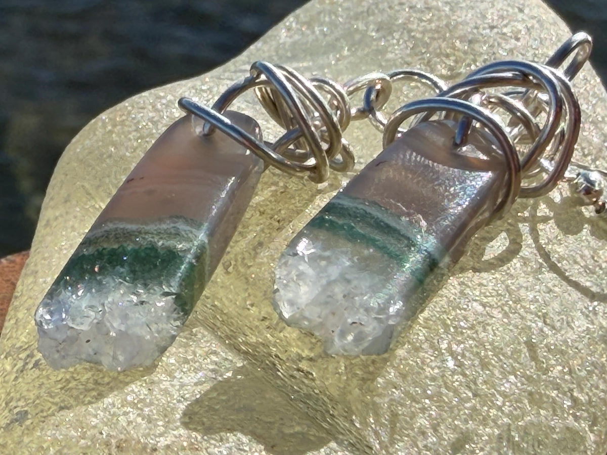 Agate gemstone earrings on recycled sterling silver. Handmade white earrings. Ethical jewellery, boho jewellery. Unique earrings.