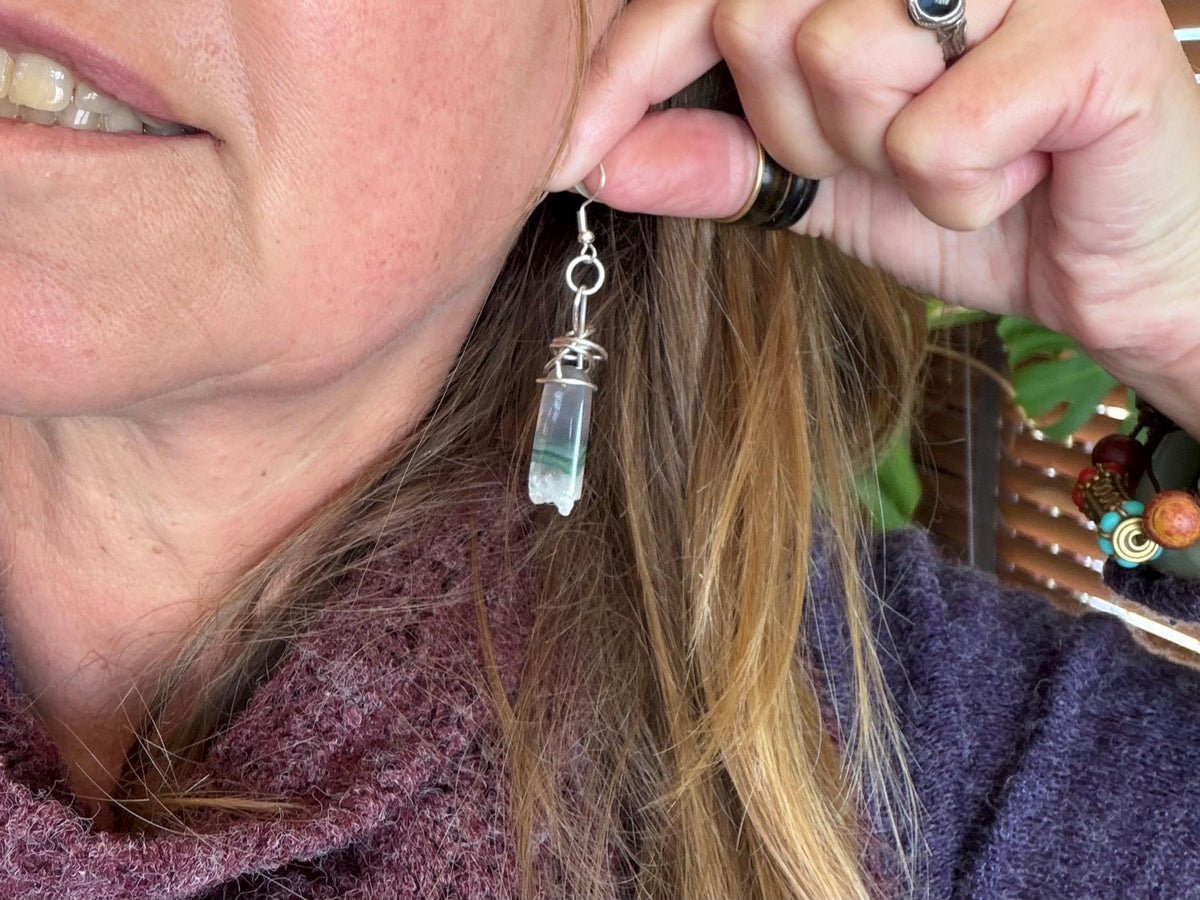 Agate gemstone earrings on recycled sterling silver. Handmade white earrings. Ethical jewellery, boho jewellery. Unique earrings.