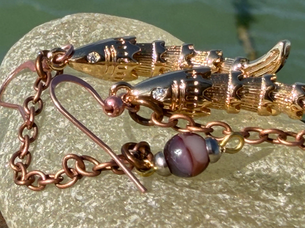 Articulated fish earrings. Articulated jewellery. Eco friendly handmade jewellery.  Boho unusual earrings. Ethical and unique earrings.
