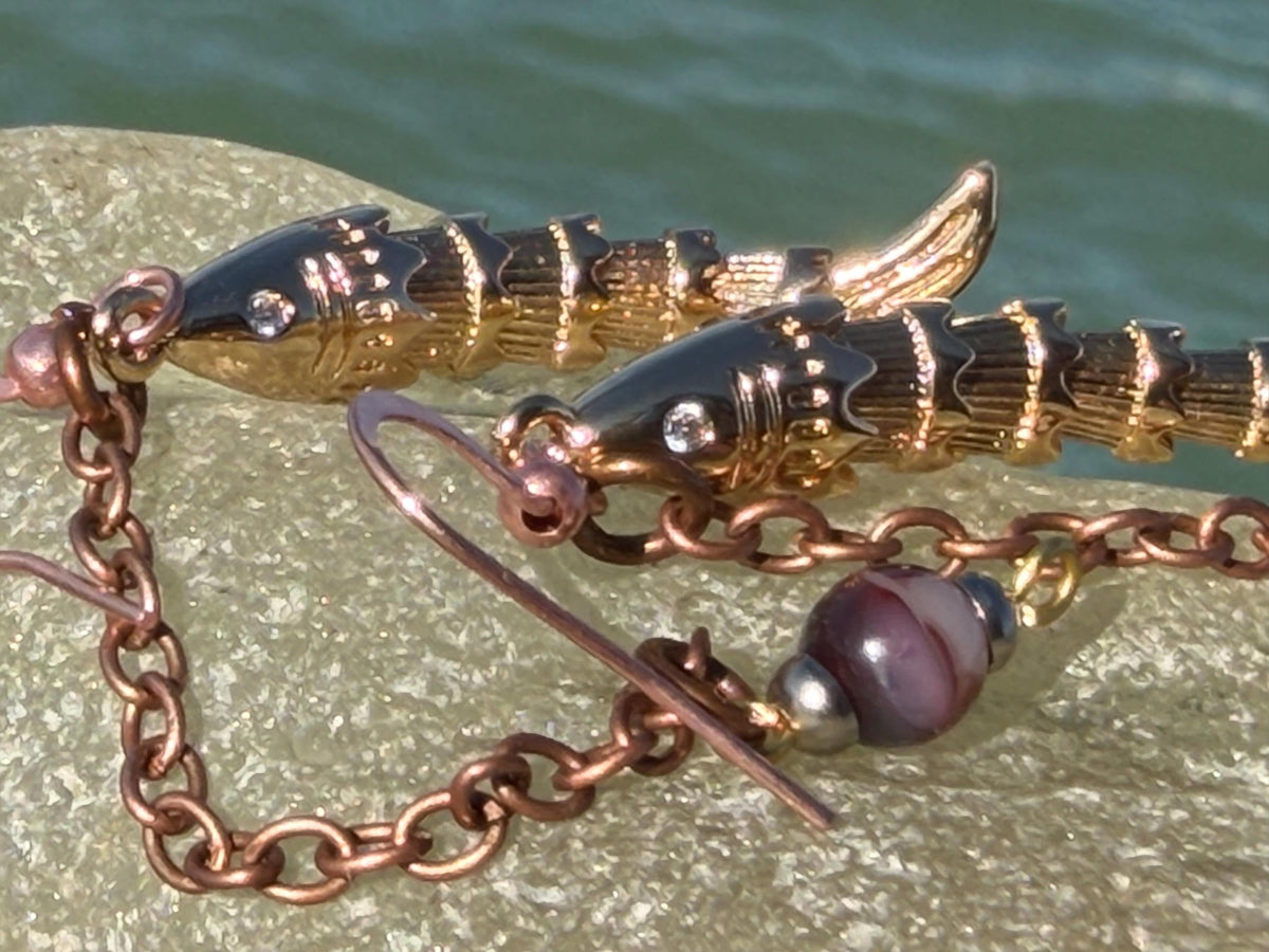 Articulated fish earrings. Articulated jewellery. Eco friendly handmade jewellery.  Boho unusual earrings. Ethical and unique earrings.