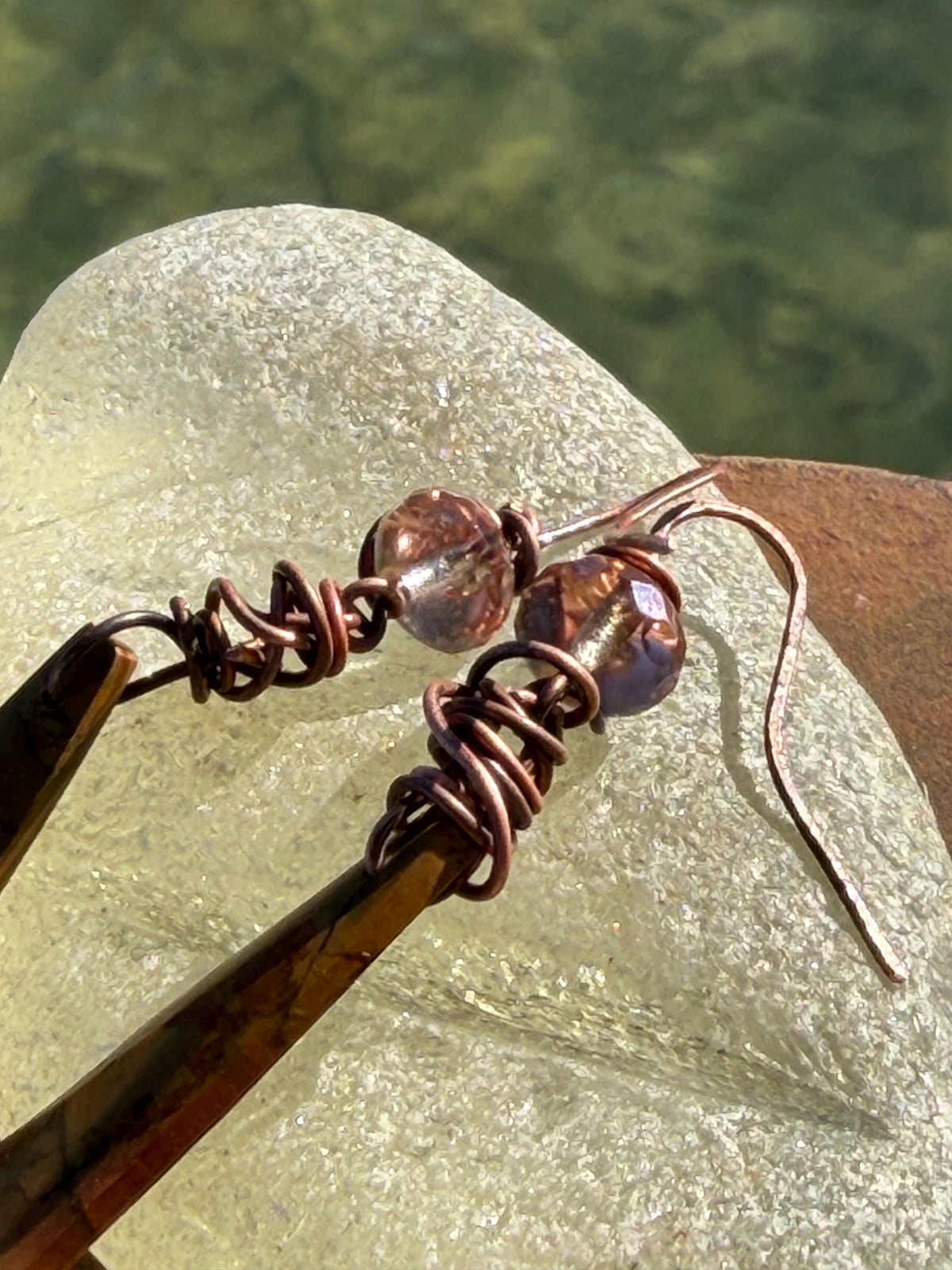 Druzy agate gemstone earrings with sparkly quartz on recycled copper. Handmade earrings. Ethical jewellery, boho jewellery. Unique earrings.