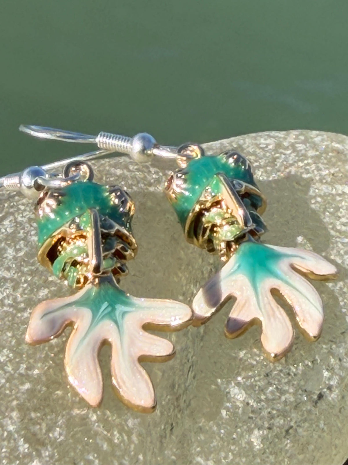 Articulated green fish earrings on recycled sterling silver. Boho earrings. Articulated jewellery.  Cute unusual earrings. GIft for swimmer.