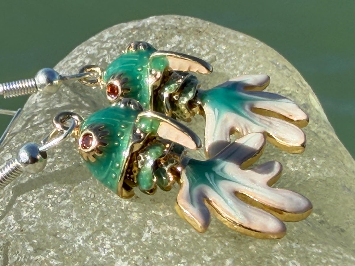 Articulated green fish earrings on recycled sterling silver. Boho earrings. Articulated jewellery.  Cute unusual earrings. GIft for swimmer.
