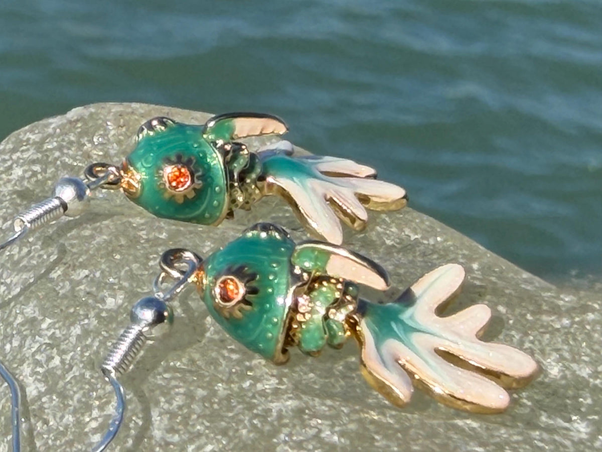 Articulated green fish earrings on recycled sterling silver. Boho earrings. Articulated jewellery.  Cute unusual earrings. GIft for swimmer.