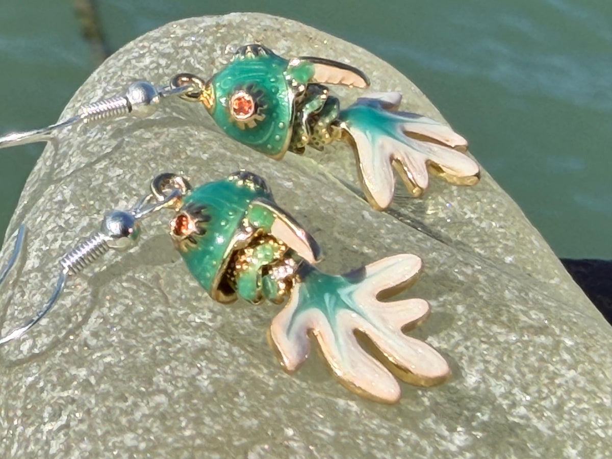 Articulated green fish earrings on recycled sterling silver. Boho earrings. Articulated jewellery.  Cute unusual earrings. GIft for swimmer.