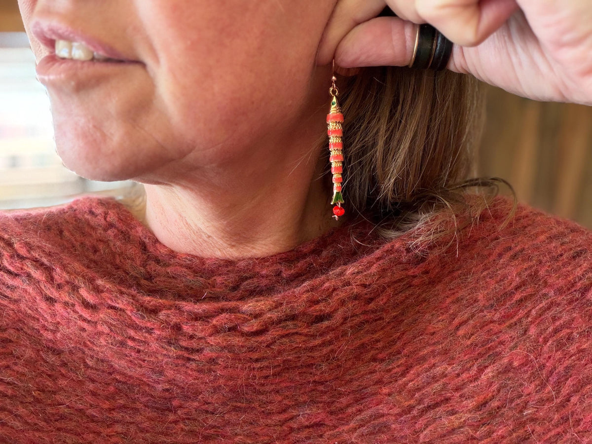 Red articulated fish earrings. Articulated jewellery. Eco friendly handmade jewellery.  Boho unusual earrings. Ethical and unique earrings.