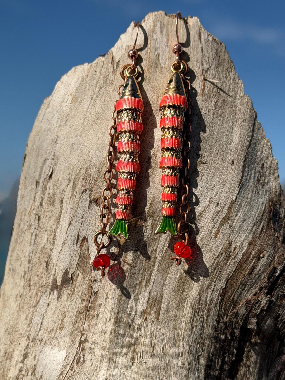 Red articulated fish earrings. Articulated jewellery. Eco friendly handmade jewellery.  Boho unusual earrings. Ethical and unique earrings.