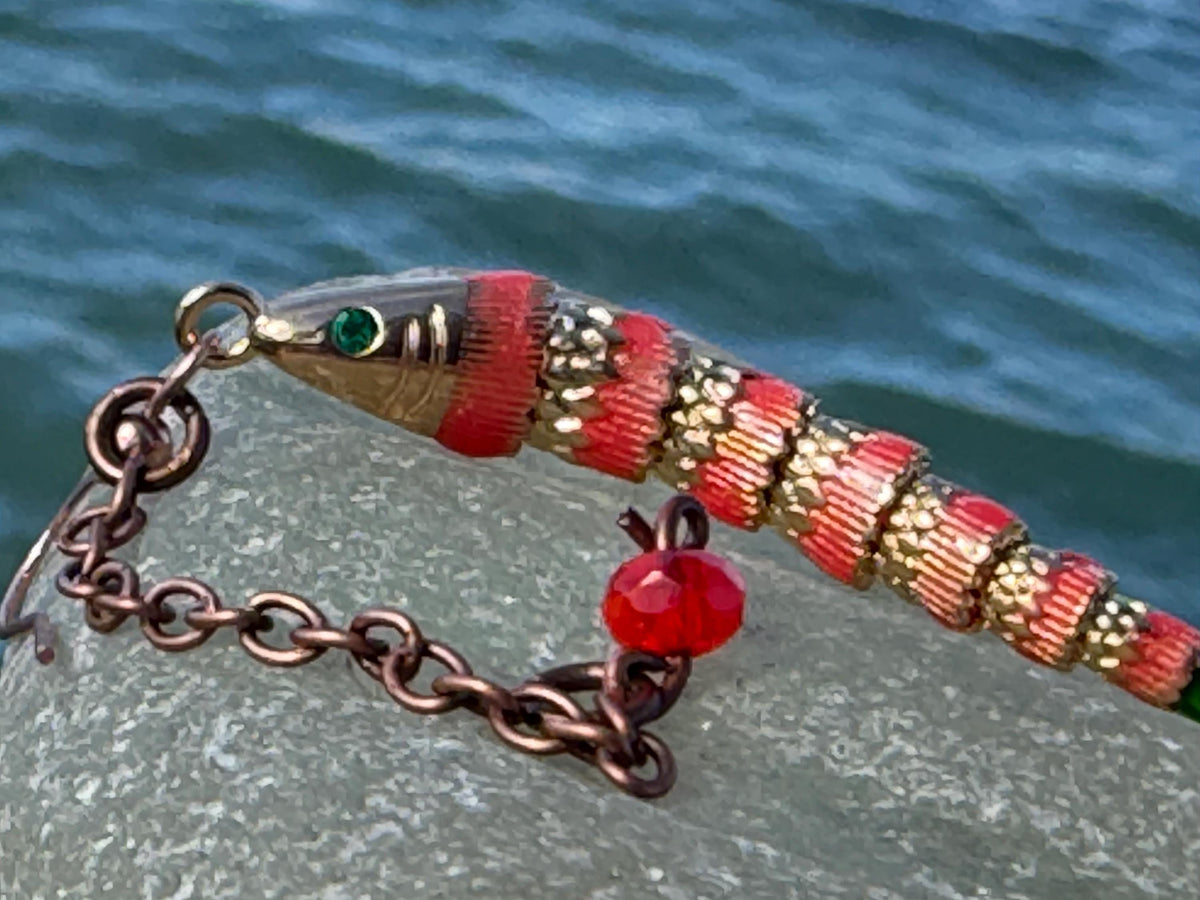 Red articulated fish earrings. Articulated jewellery. Eco friendly handmade jewellery.  Boho unusual earrings. Ethical and unique earrings.