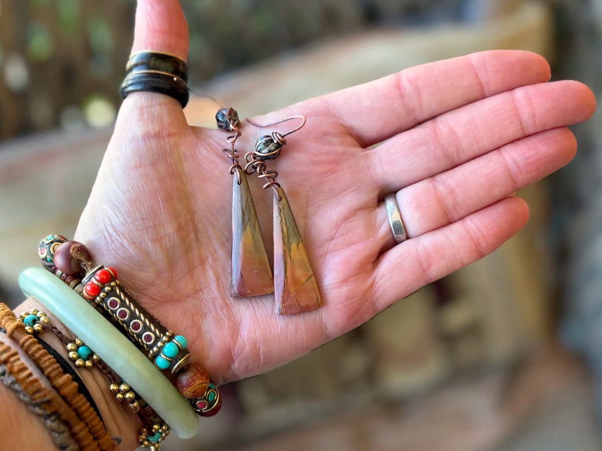 Picasso jasper gemstone earrings. Ethical jewellery, orange gemstone earrings. Stunning unique jewellery. Eco friendly unique earrings.