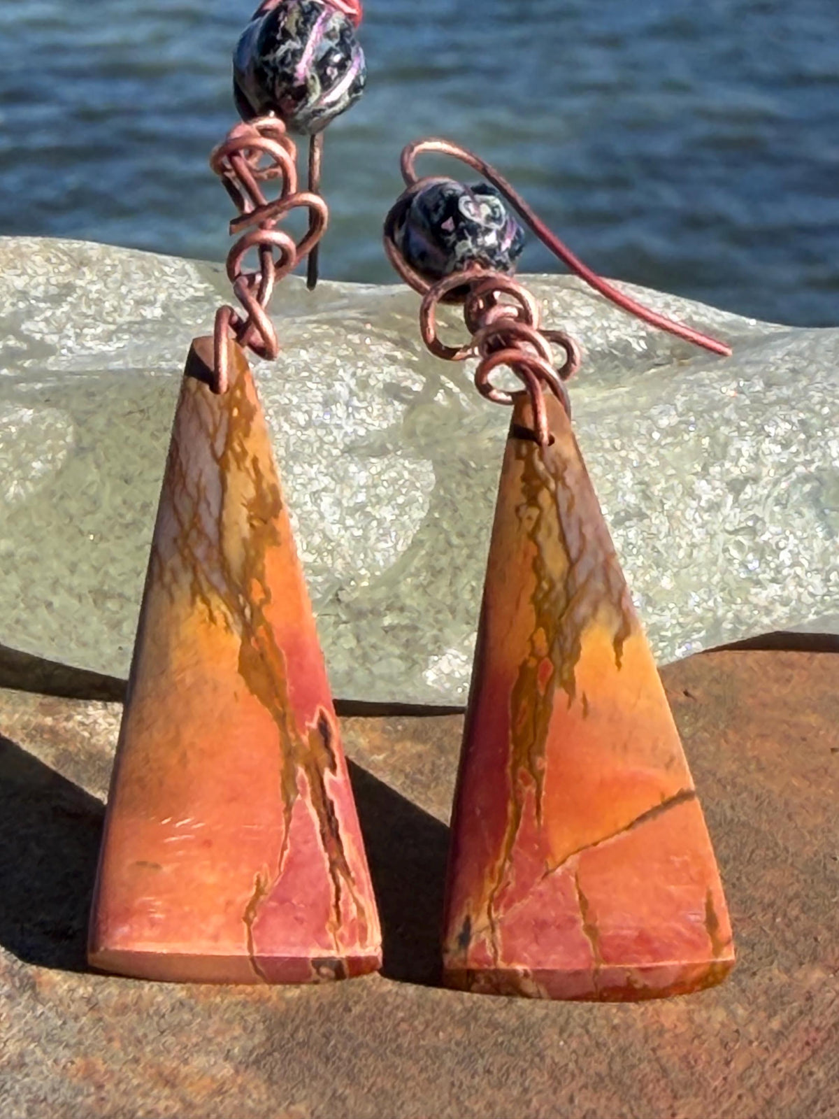 Picasso jasper gemstone earrings. Ethical jewellery, orange gemstone earrings. Stunning unique jewellery. Eco friendly unique earrings.