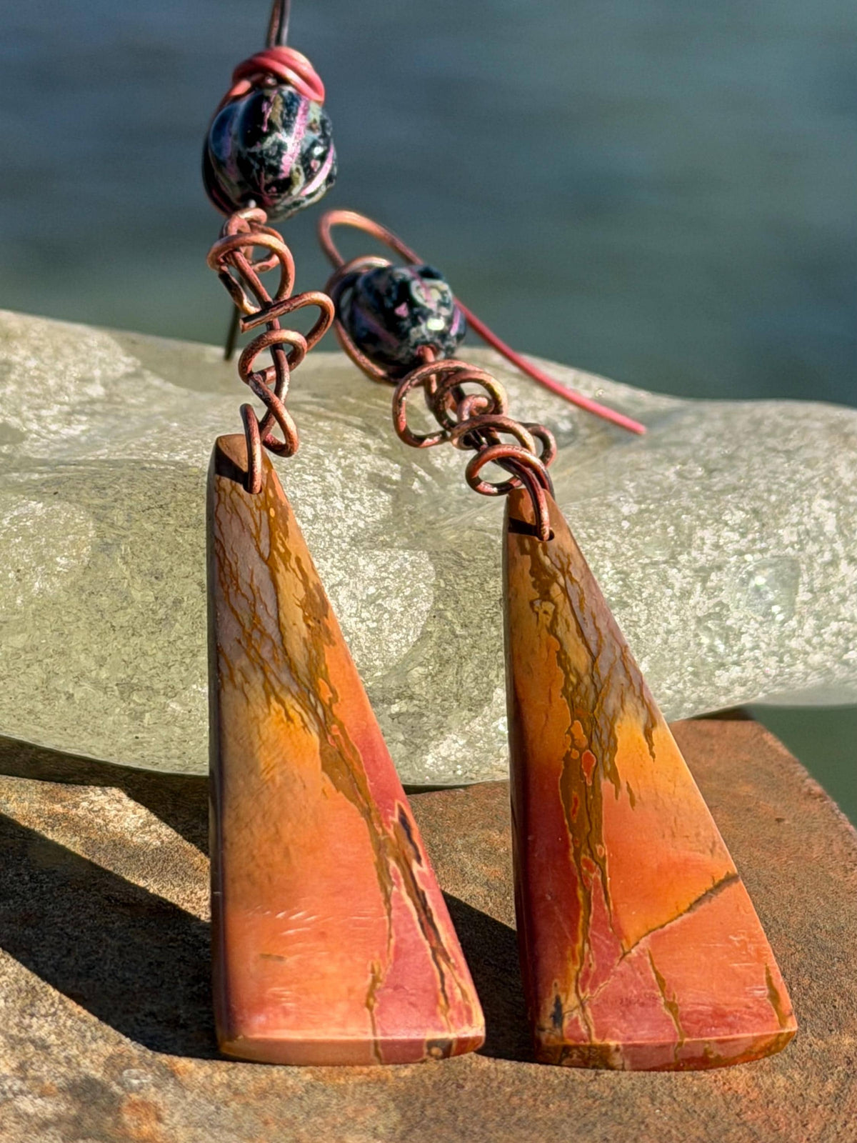 Picasso jasper gemstone earrings. Ethical jewellery, orange gemstone earrings. Stunning unique jewellery. Eco friendly unique earrings.