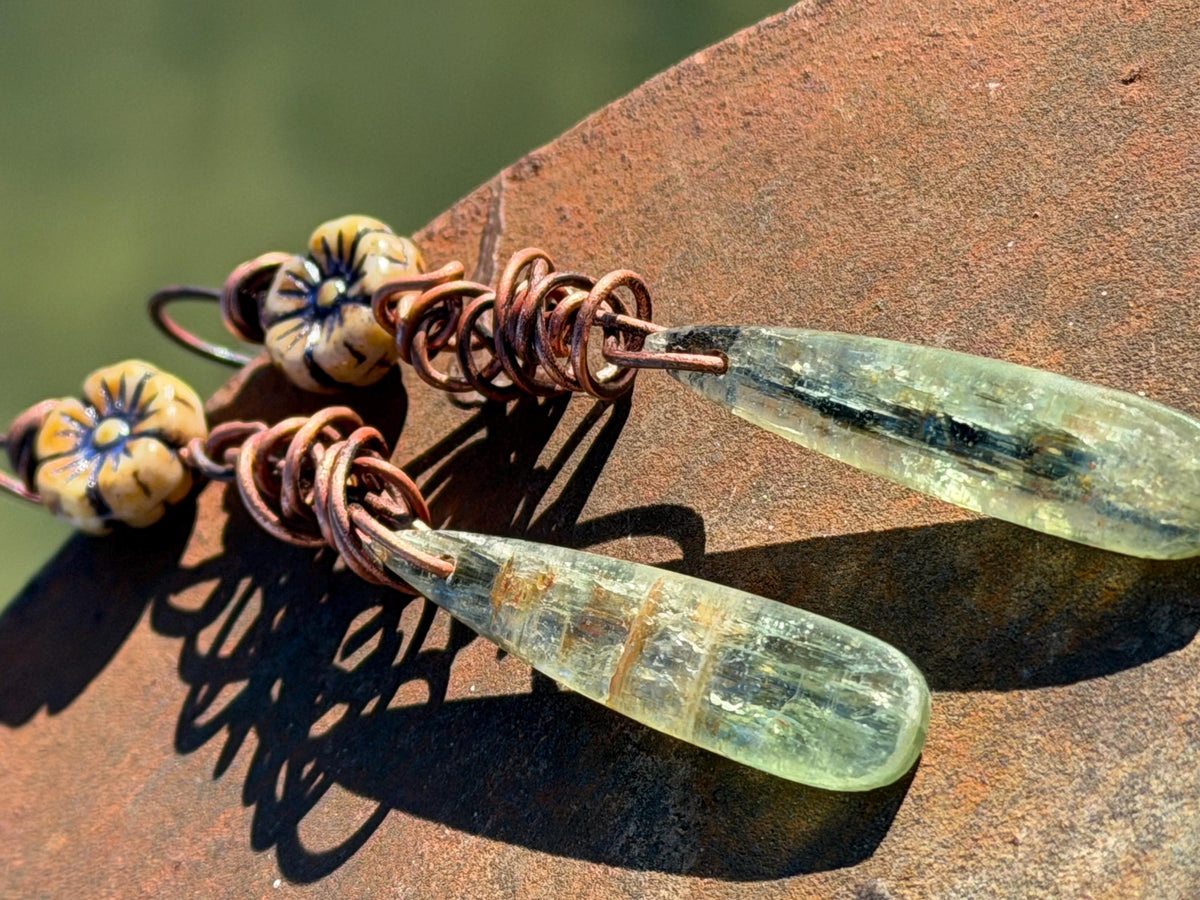 Green kyanite earrings hung on recycled copper. Unique gemstone jewellery. handmade unusual jewellery, ethically made. Eco friendly earrings