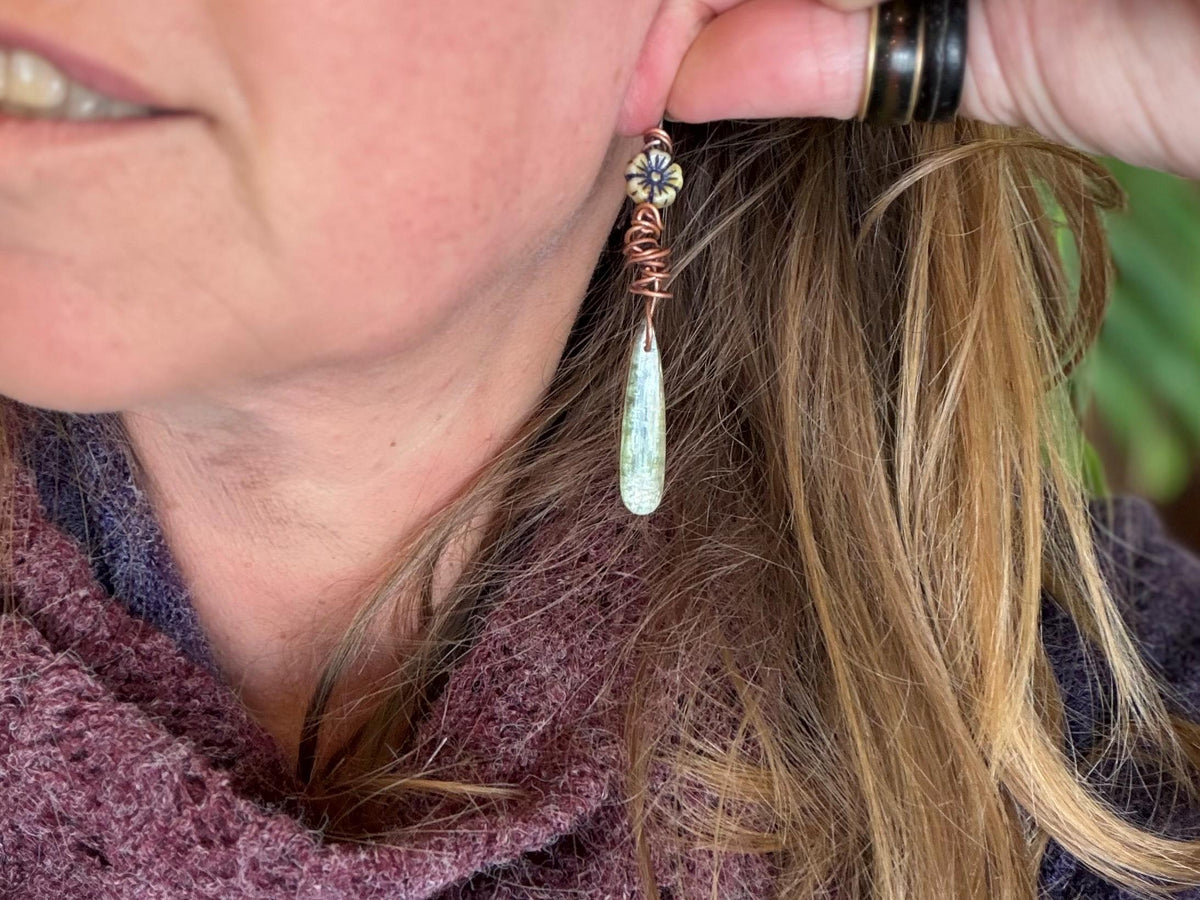 Green kyanite earrings hung on recycled copper. Unique gemstone jewellery. handmade unusual jewellery, ethically made. Eco friendly earrings