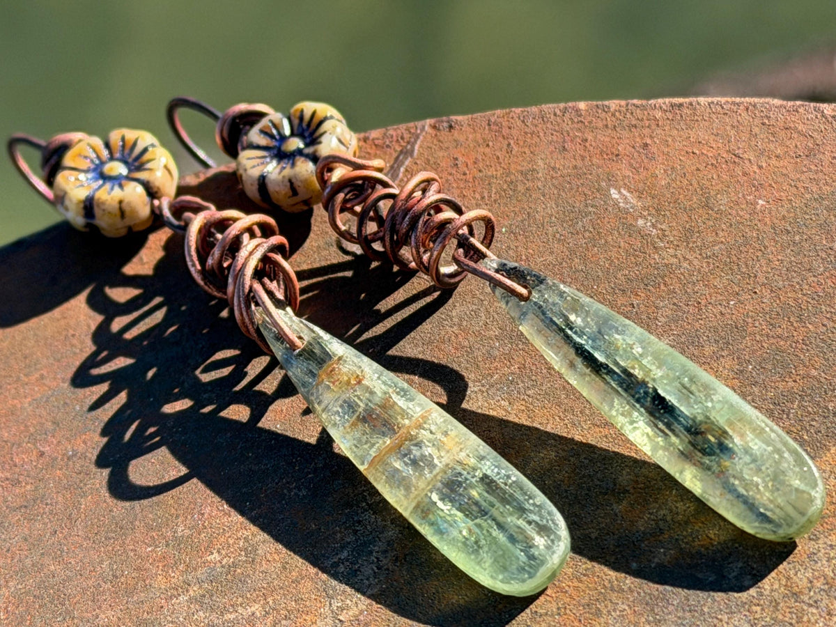 Green kyanite earrings hung on recycled copper. Unique gemstone jewellery. handmade unusual jewellery, ethically made. Eco friendly earrings