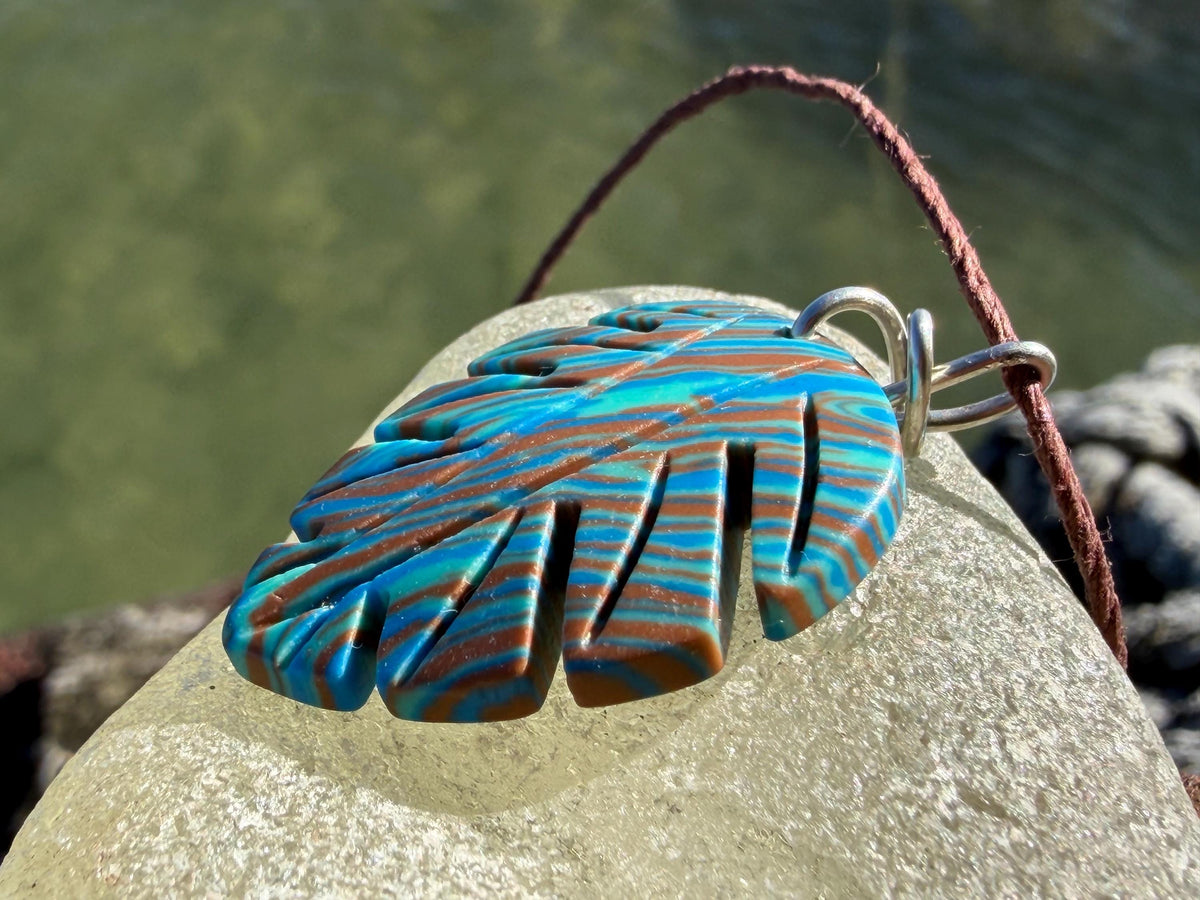Picasso jasper leaf pendant. Unusual necklace, boho jewellery, unusual jewellery, unique gift for him. Blue leaves. recycled sterling silver