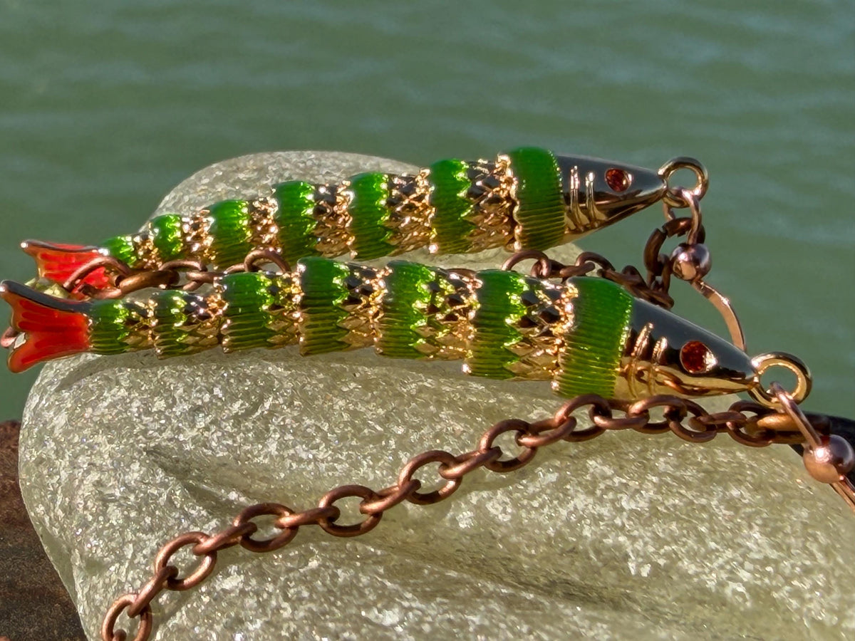 Articulated green fish earrings on recycled sterling silver. Boho earrings. Articulated jewellery.  Cute unusual earrings. GIft for swimmer.