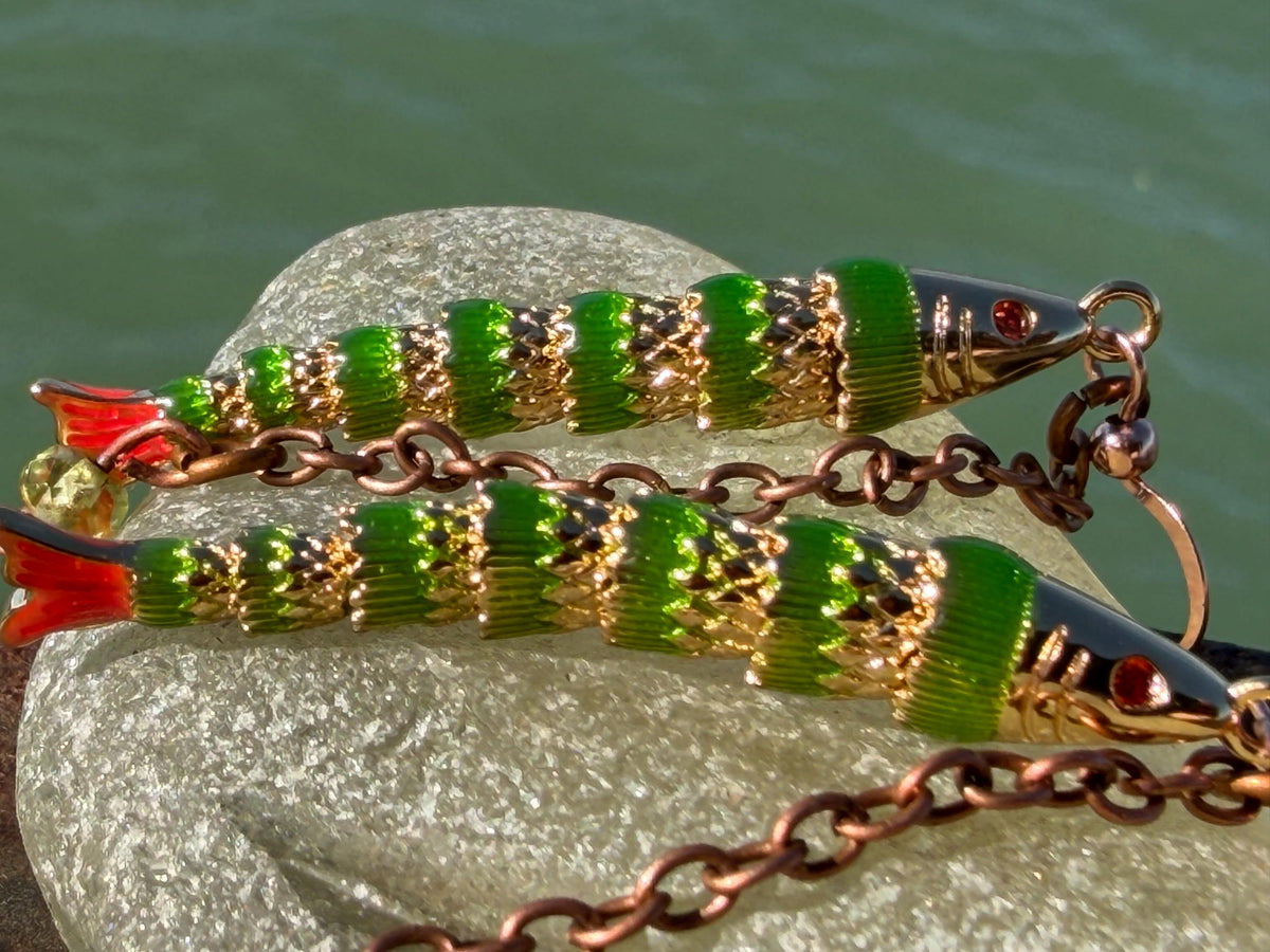Articulated green fish earrings on recycled sterling silver. Boho earrings. Articulated jewellery.  Cute unusual earrings. GIft for swimmer.
