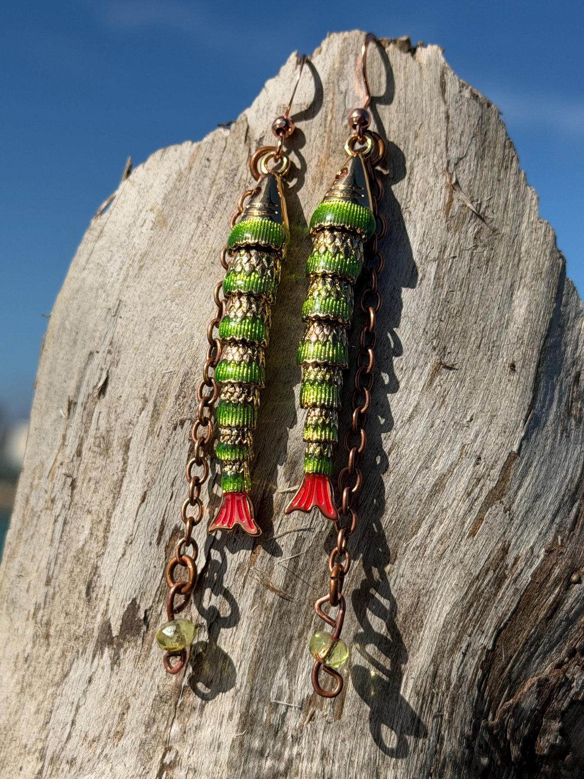 Articulated green fish earrings on recycled sterling silver. Boho earrings. Articulated jewellery.  Cute unusual earrings. GIft for swimmer.