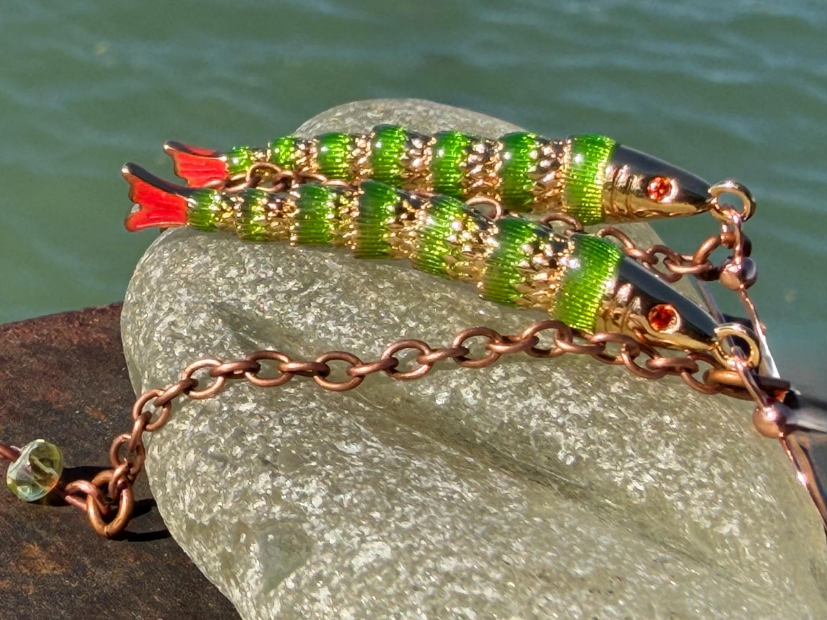 Articulated green fish earrings on recycled sterling silver. Boho earrings. Articulated jewellery.  Cute unusual earrings. GIft for swimmer.