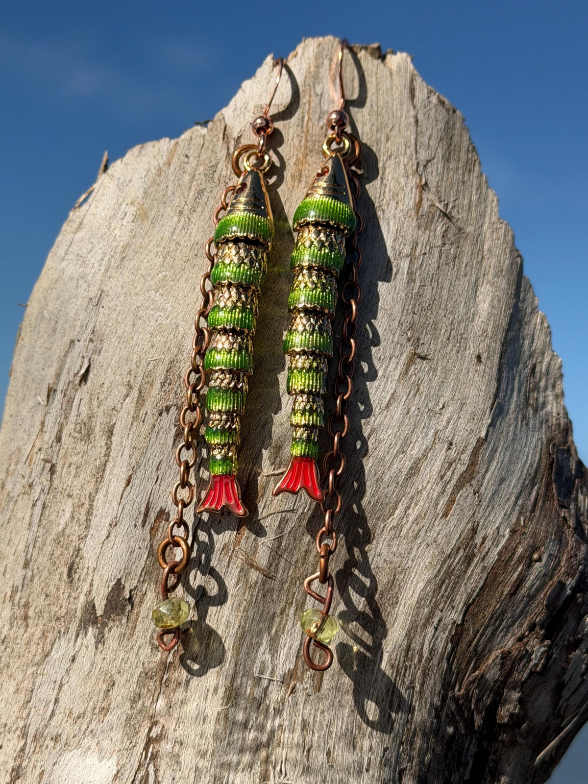 Articulated green fish earrings on recycled sterling silver. Boho earrings. Articulated jewellery.  Cute unusual earrings. GIft for swimmer.