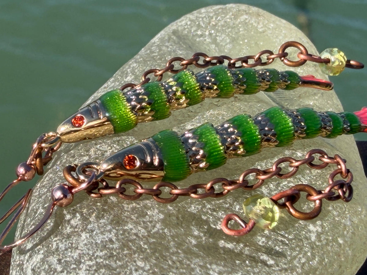 Articulated green fish earrings on recycled sterling silver. Boho earrings. Articulated jewellery.  Cute unusual earrings. GIft for swimmer.