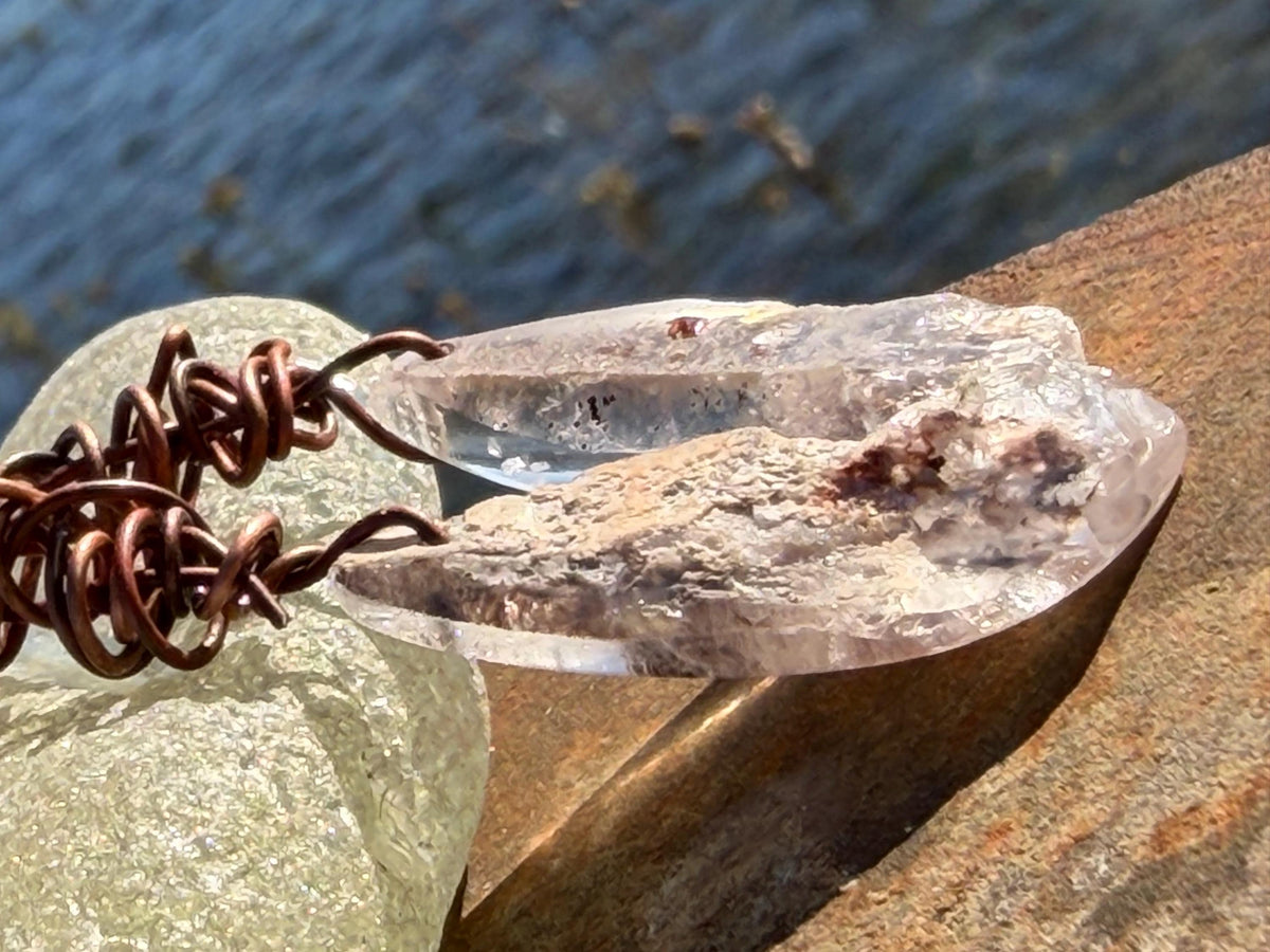 Ethically sourced ghost quartz gemstone earrings  on recycled copper. Handmade earrings. Ethical jewellery, boho jewellery. Unique earrings.